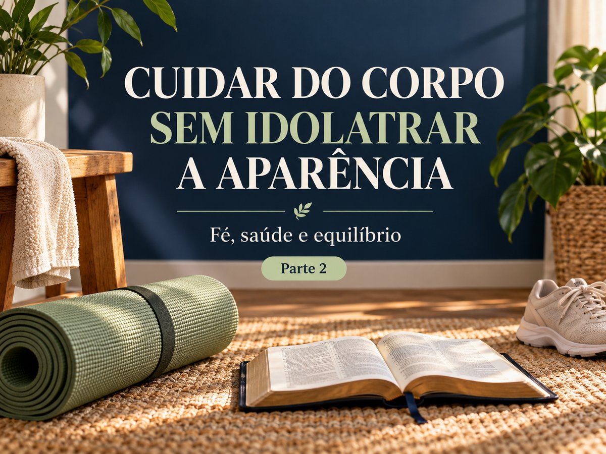 Bíblia, tapete de exercícios e tênis com o título Cuidar do corpo sem idolatrar a aparência — Parte 2.