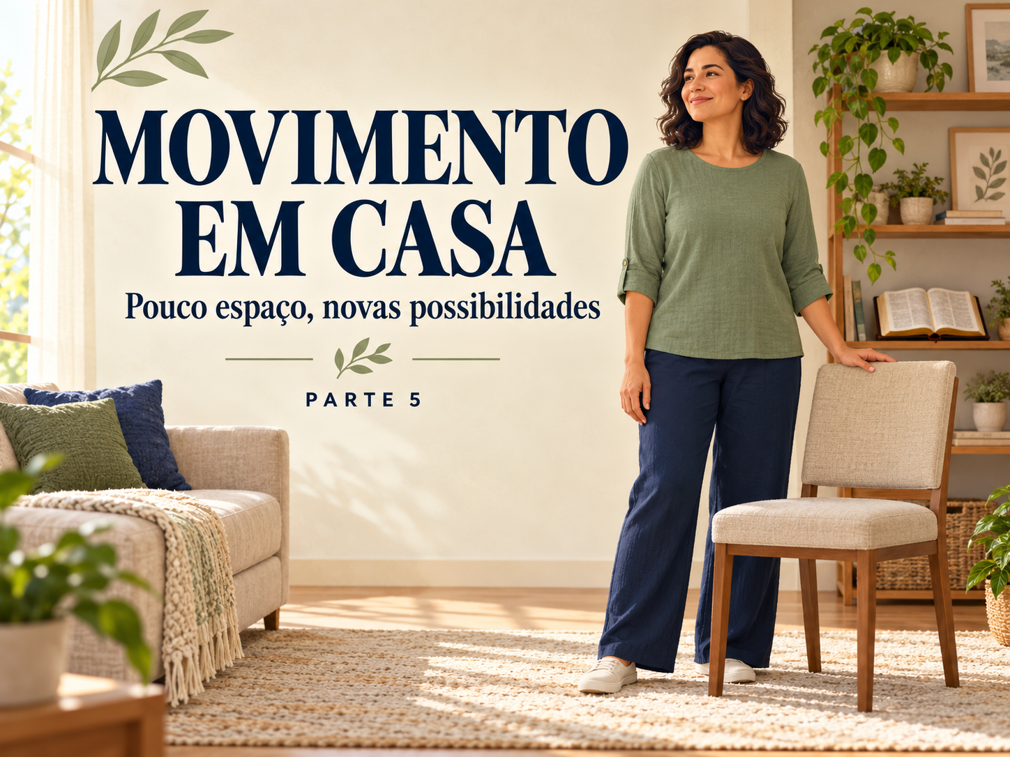 Capa em creme, azul-marinho e verde-sálvia: mulher em uma sala, com o título Movimento em casa, pouco espaço, novas possibilidades, Parte 5.